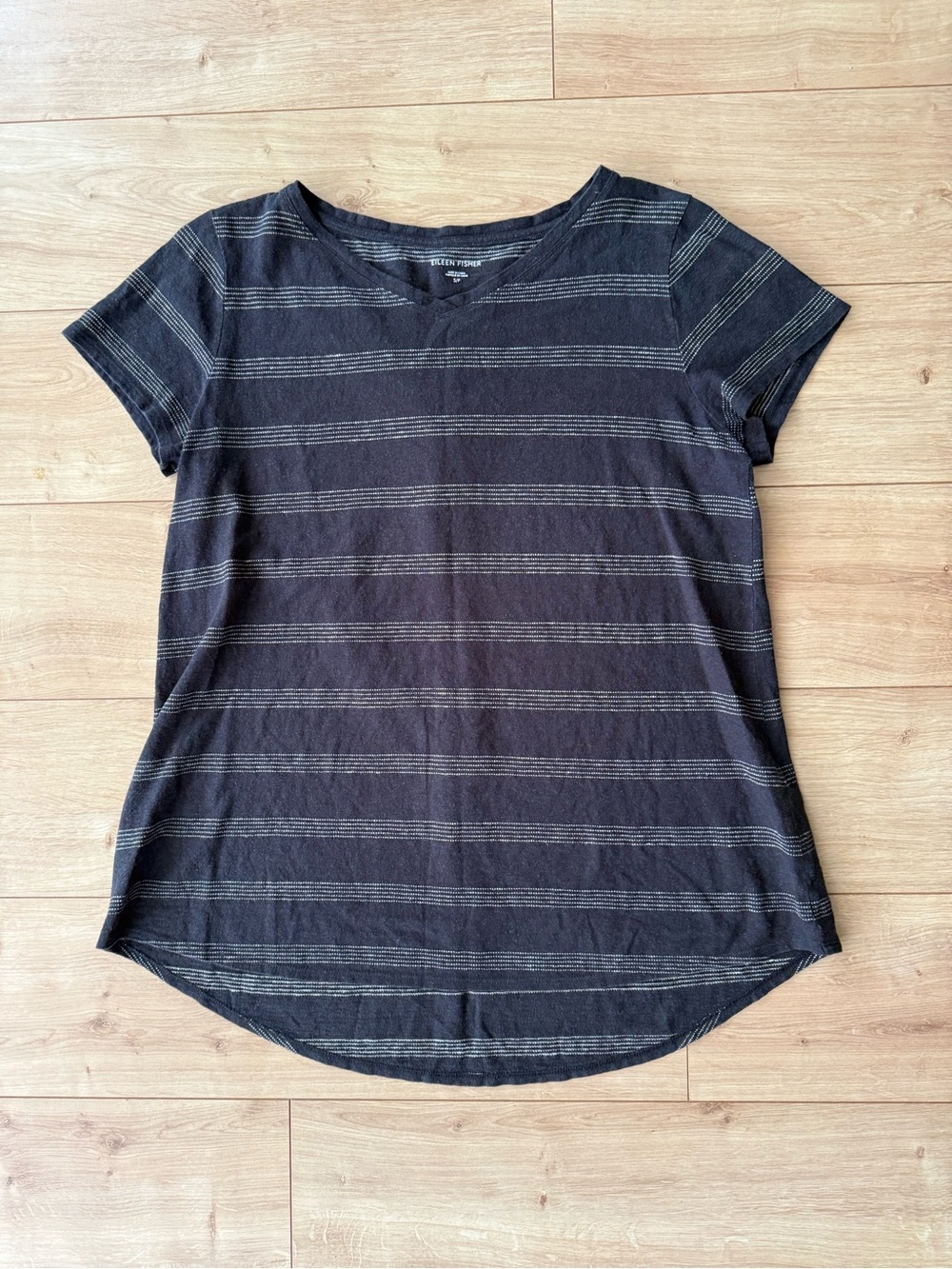 Eileen Fisher Hemp Organic Cotton Stripe V Neck Tee Black Short Sleeve S